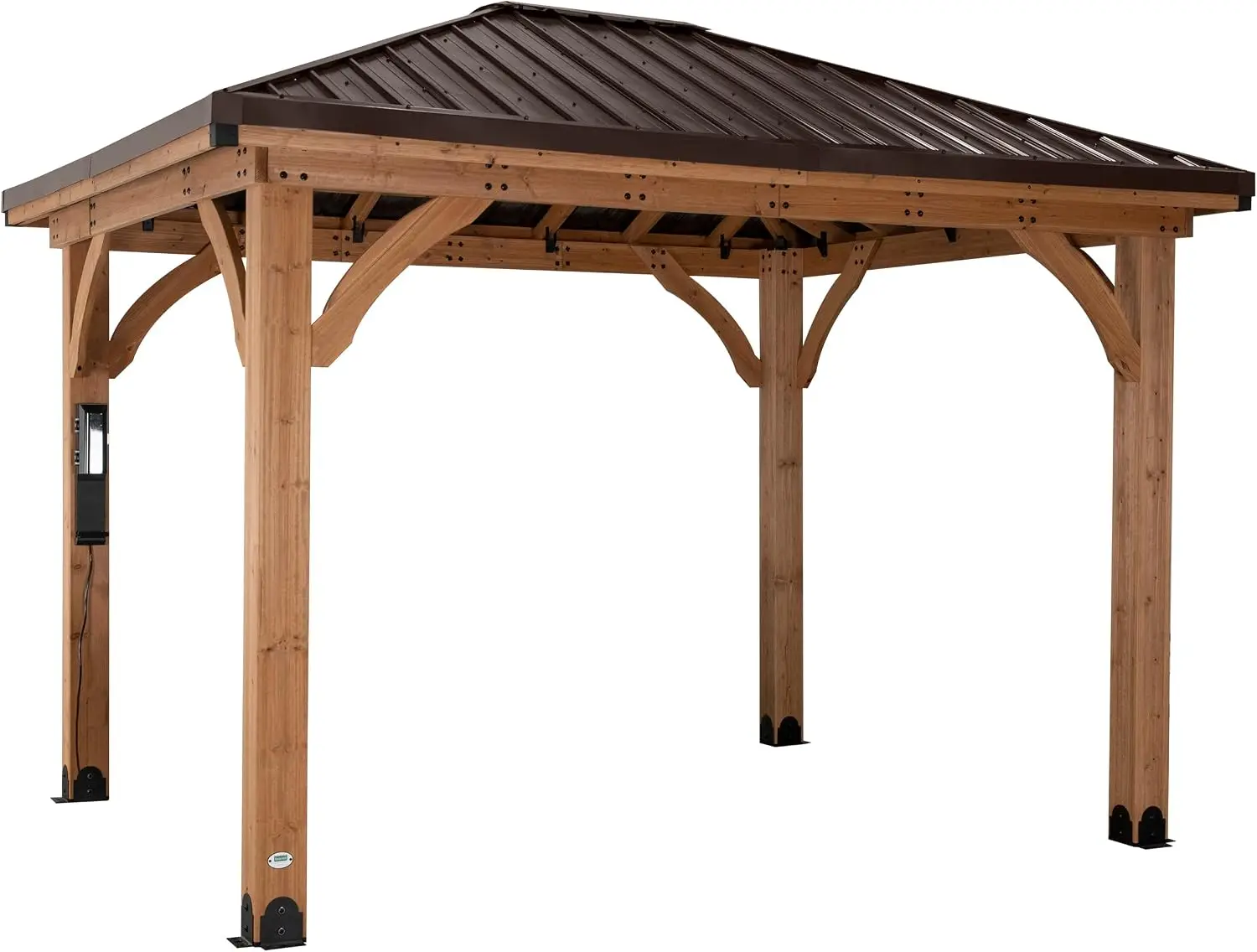 ^12' X 12' Cedar Wood Outdoor Gazebo Pavilion With Hardtop Galvanized Steel Hip Roof, Snow Support, Wind Resistance, Powerport