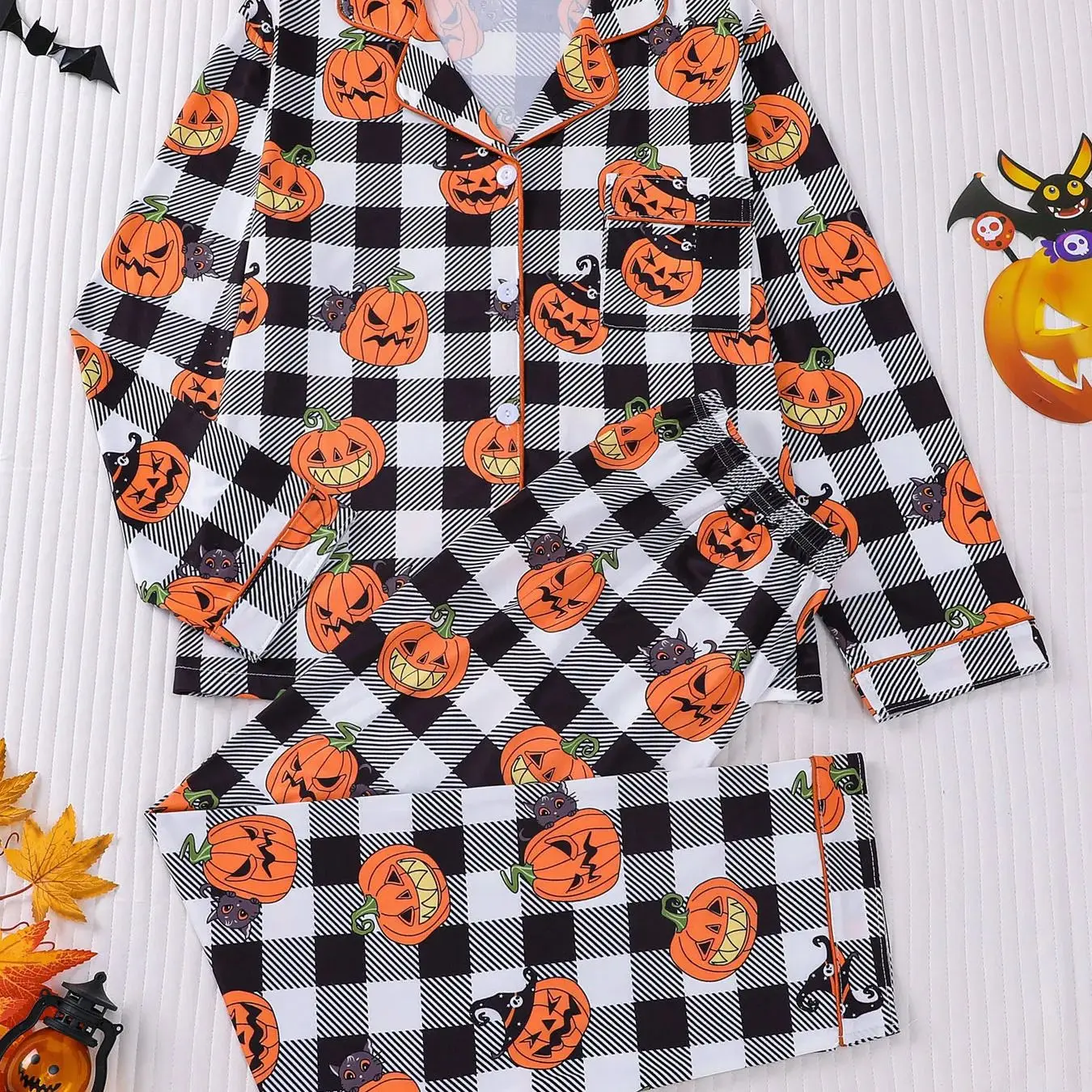 

Ins Style Festive Halloween Women's Sleepwear Set 2 Piece Jack O Lantern Print Lapel Collar Long Sleeve Long Pants Casual Daily