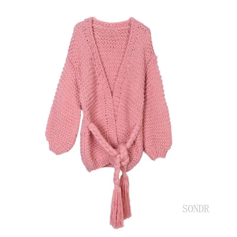 Open Stitch White Cardigan Women 2024 Autumn Winter Sweater Cardigan Handwoven Tassel Strap Lantern Sleeve Sweater Jacket Thick