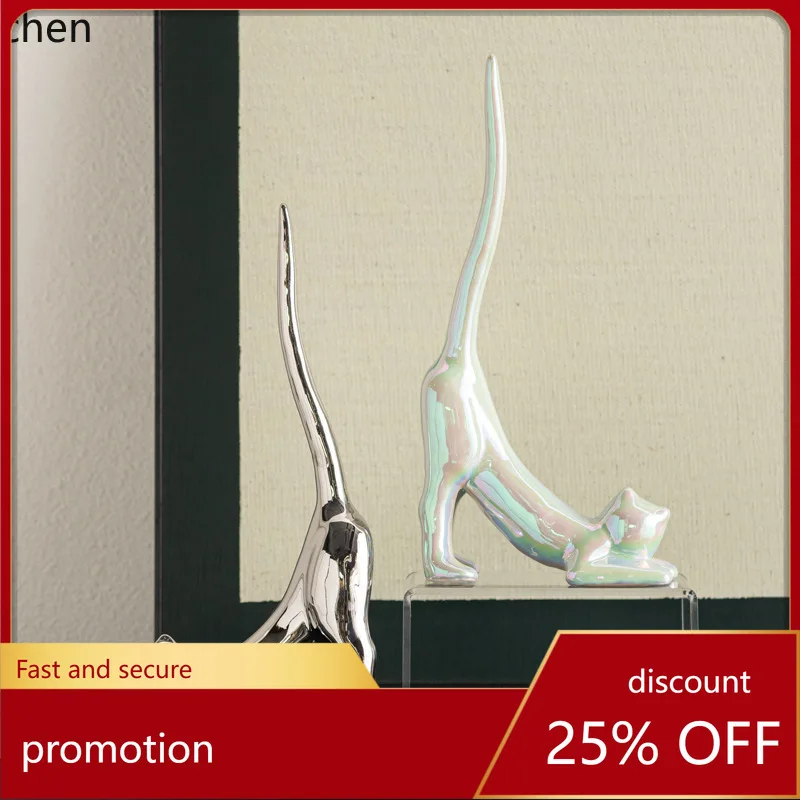 CZ Electroplated Silver Flow Color Fluorescent Ceramic Cat Ornament Abstract Art Wine Cabinet Decoration