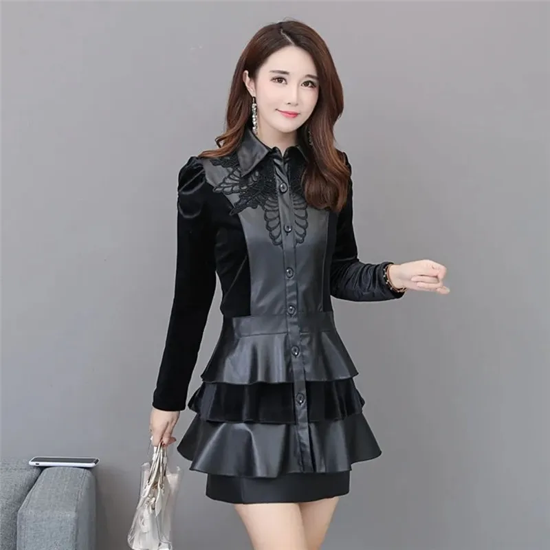 Fashion Thin Women's Leather Windbreaker Female 2025 Spring Autumn New Korean Slim Splicing PU Leather Dress Coat Outerwear 6XL