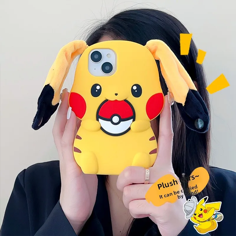 Para iPhone 15 Pro Max 14 Pro Max 13 12 11 So Cute 3D dibujos animados Pikachu funda de teléfono suave silicona piel felpa orejas largas Correa cubierta