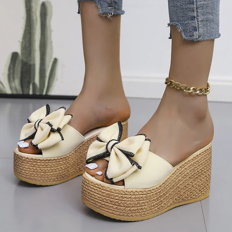 Women Slippers Fashion Pee Toe Summer Footwear Luxury Butterfly-knot High Heels Slides Platform Wedges Ladies Shoes Round Toe PU