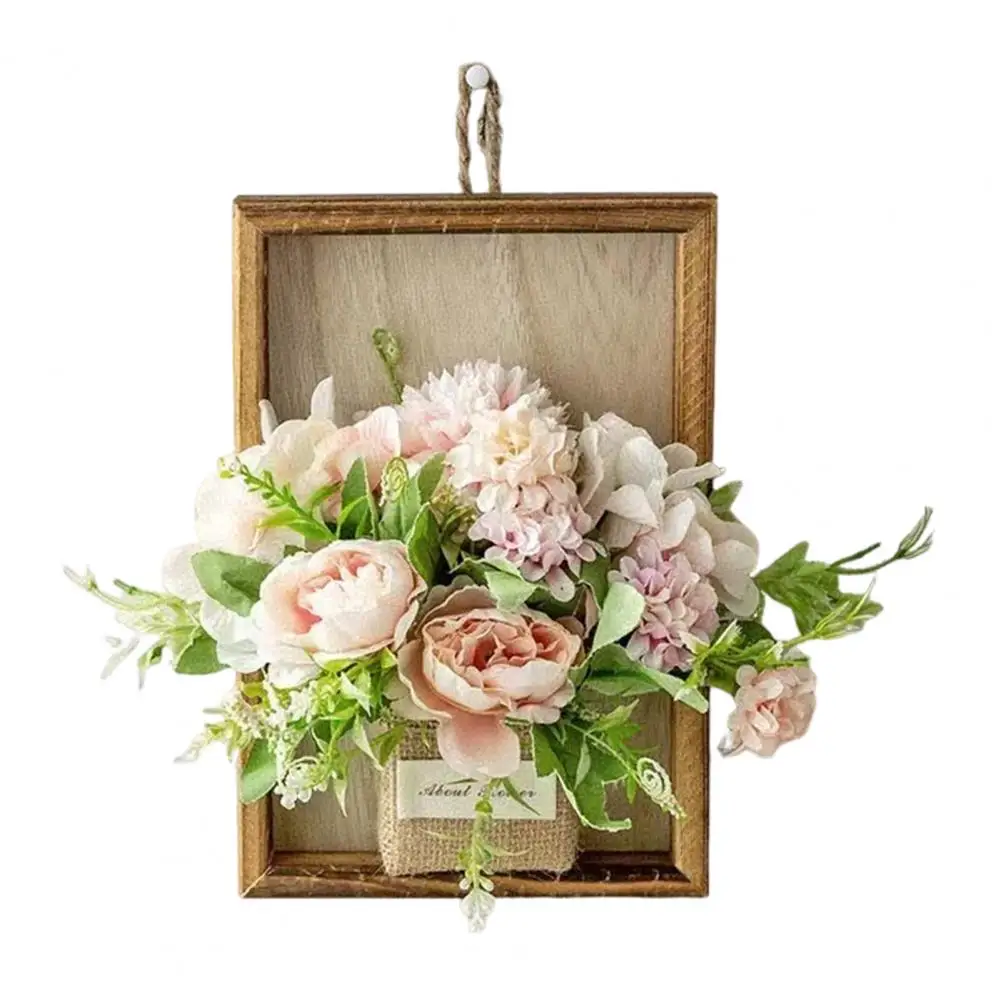 Wooden Frame Wall Art Artificial Hydrangea Wall Hanging Decoration Fake Silk Flower Plants Wooden Frame Home Office Room Bedroom