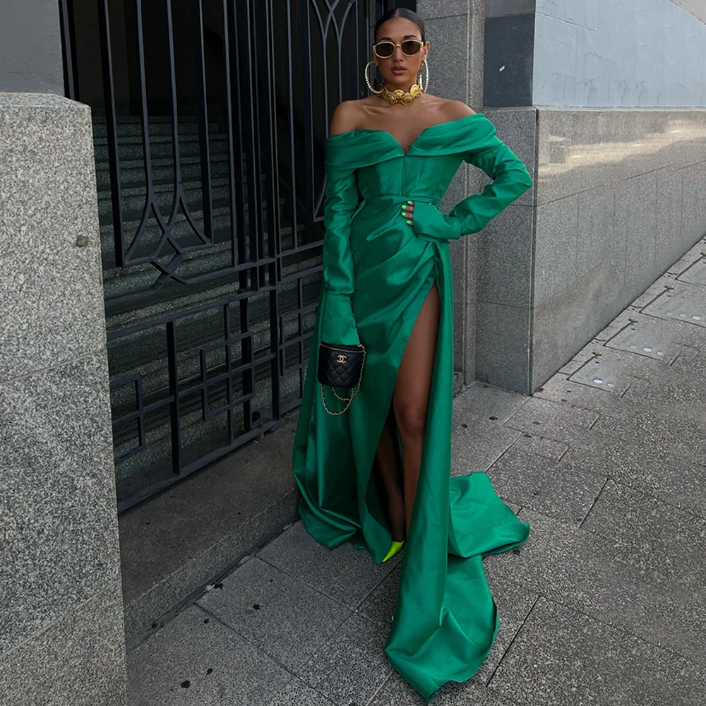 Emerald Green Evening Dress Long Sleeves Off the Shoulder Sexy Party Gowns High Slit Drapd Mermaid/Trumpet Women\'s Prom Robe