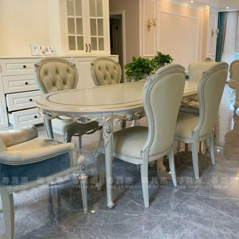 European leather solid wood carving 6-person combination dining table and chairs neo-classical simple European light luxury rest