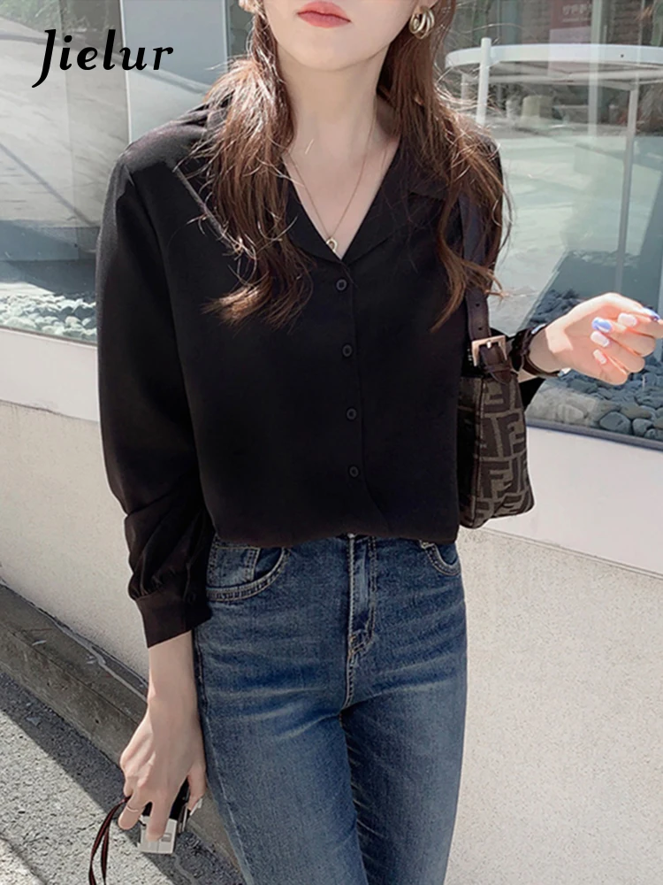 Jielur White Shirts Long Sleeve Single Breasted Button Elegant Office Lady V Neck Work Blouse Women Chic Korea Top