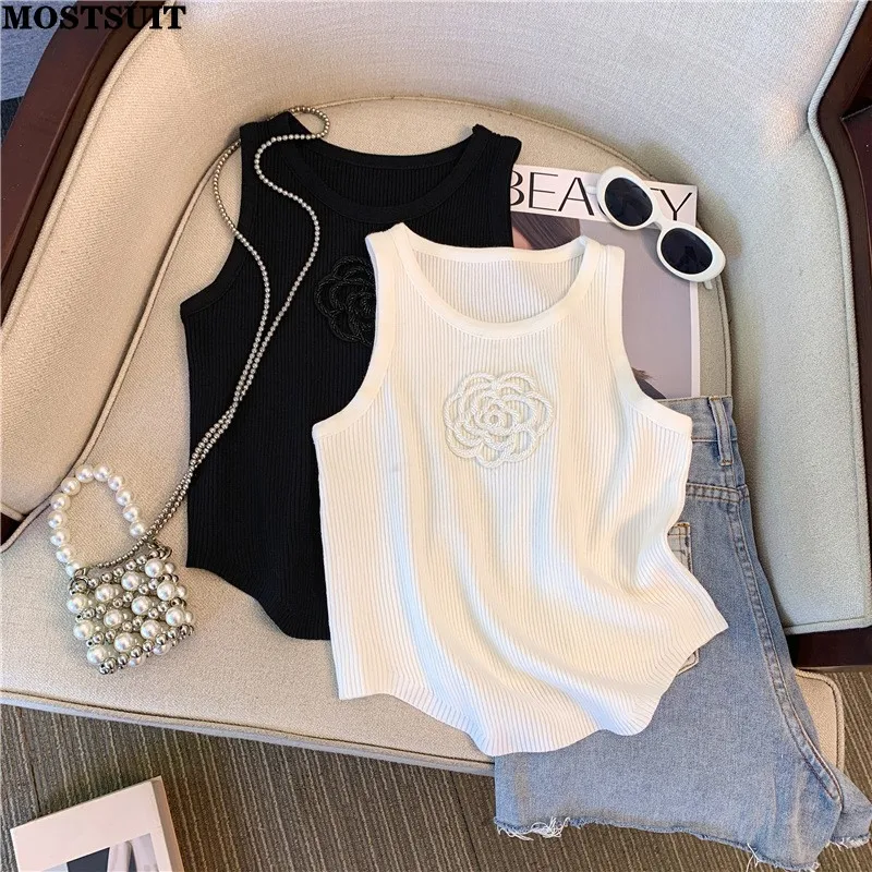 Sexy Vintage Knit Vests Women Flower Embroidery Slim Fashion Elegant Crop Tops 2024 Summer Sleeveless O-neck Knitwear Jumpers