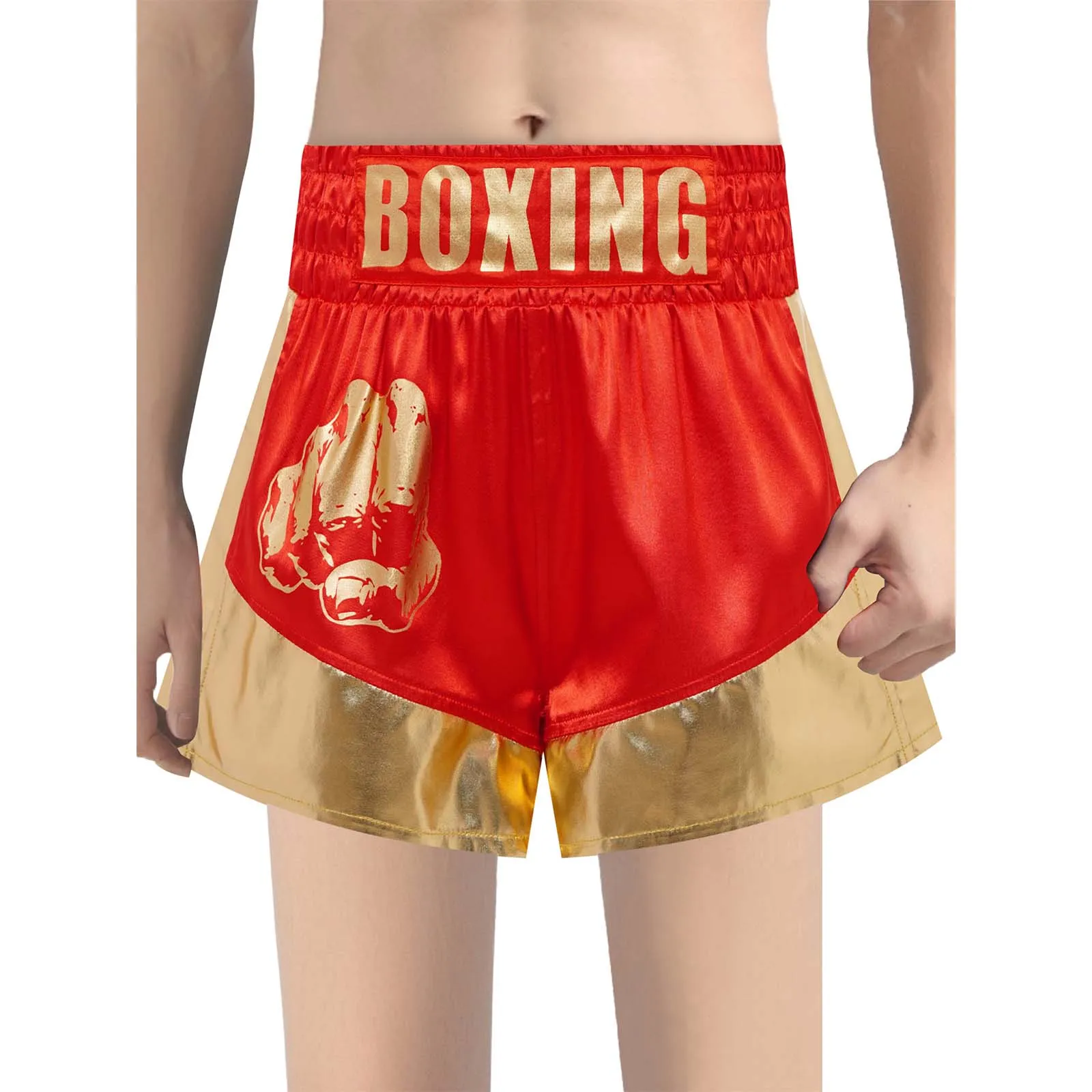Bambini Muay Thai Outfit Ragazzi Ragazze Boxe Allenamento Arti marziali Tuta da combattimento Aperto sul davanti Finiture metalliche sul retro Mantello con cappuccio + Pantaloncini in raso