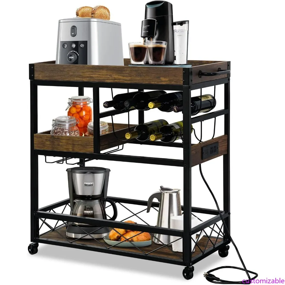

Industrial-Style Kitchen Cart with Power Outlet, Wine Rack, and Glass Holder for Coffee Bar Station