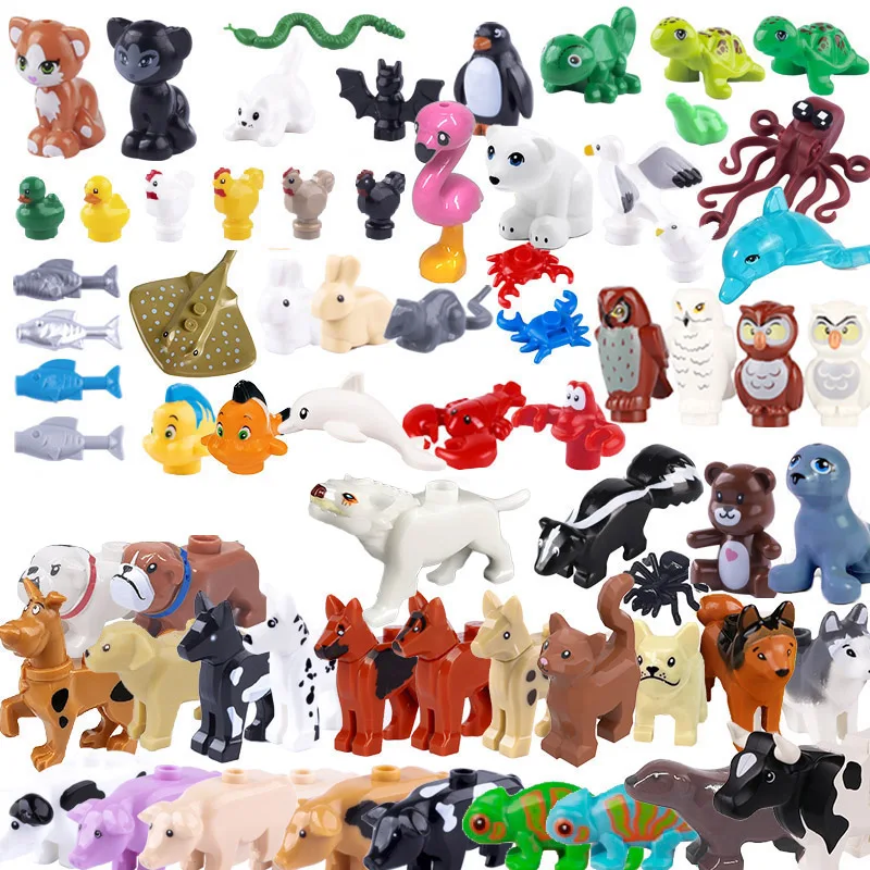 MOC City Farm Animal Set Building Blocks Pig Fishes Dog Octopus Penguin Cat Bird Duck Spider Bat Zoo Accessories DIY Bricks Toys