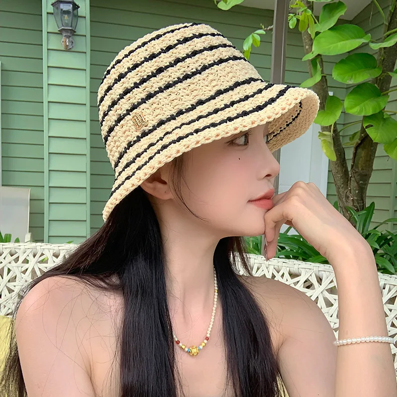 New Summer Striped Color Matching Woven Straw Hat Women\'s Fashion Outdoor Sunshade Sunscreen Foldable Sun Cap 여름모자