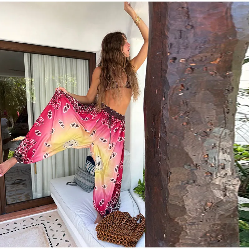 2026 Summer Gradient Contrast Print Harem Pants Oversize Baggy Elastic Waist Boho Trousers Women New Trendy Classy Lady Bottoms