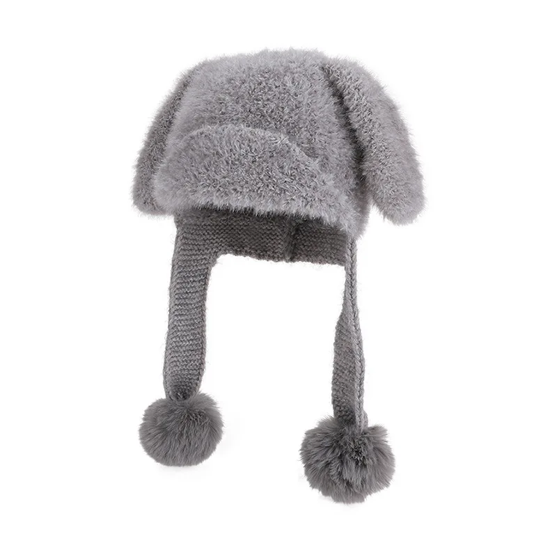 لطيف أفخم أرنب الأذن قبعة المرأة الشتاء في الهواء الطلق غطاء للأذنين الدافئة رئيس قبعة جو الشعور الوجه قبعة صغيرة محبوكة