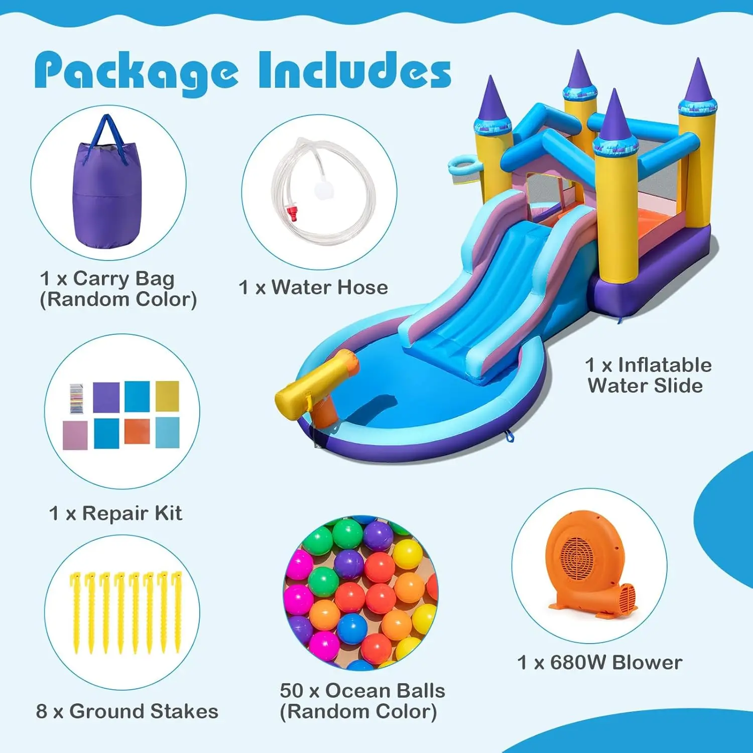 Toboggan gonflable avec souffleur, parc aquatique Ocean Bounce House avec fosse à balles et piscine anti-éclaboussures pour le plaisir en plein air, château gonflable W