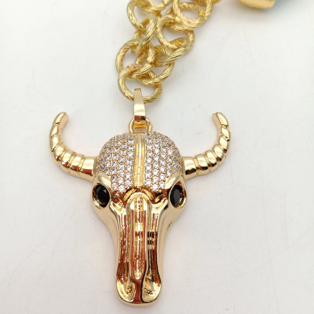 Y·YING 24\'\' Blue Turquoise White keshi Pearl Yellow Gold Plated Chain Necklace CZ Cow Pendant