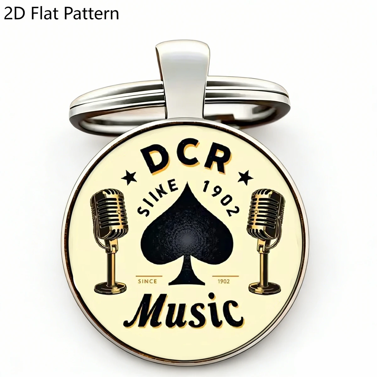 1Pc Vintage DCR Music Microphone Spade Keychain Glass Cabochon 2D Metal Key Ring Retro Music Lover Bag Charm Key Holder Keyring