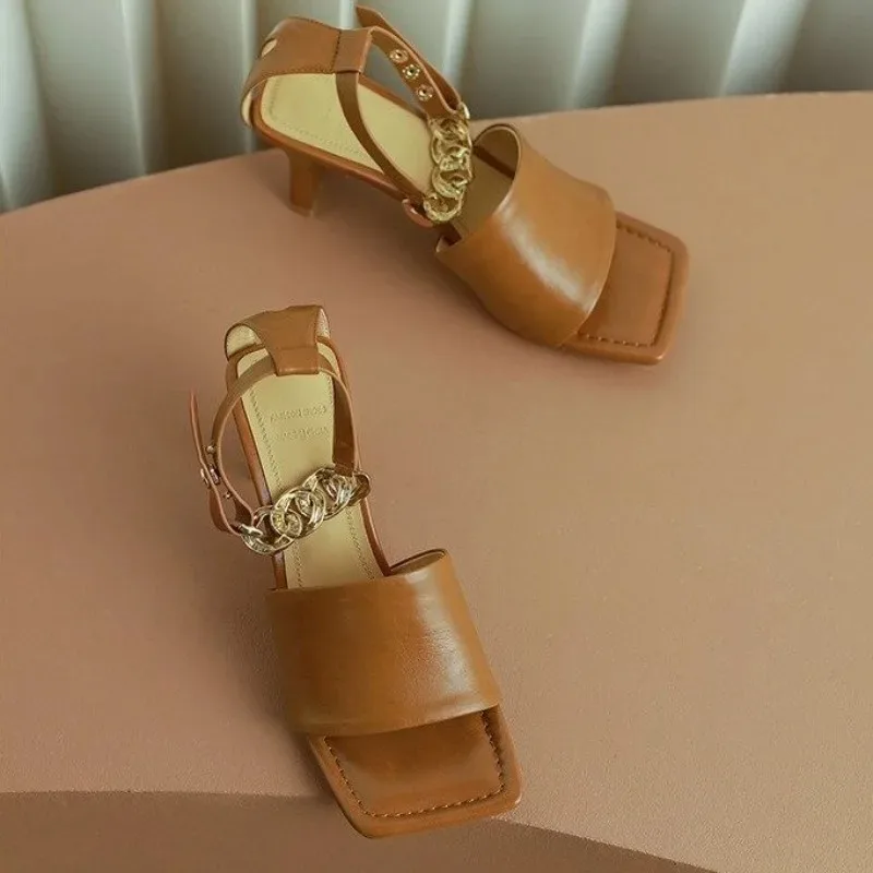 Women's Square Toe Block Heel Sandals, Ankle Strap with Gold Chain, Nude Open Toe Mid Heel Dress Shoes for Ladies view 3