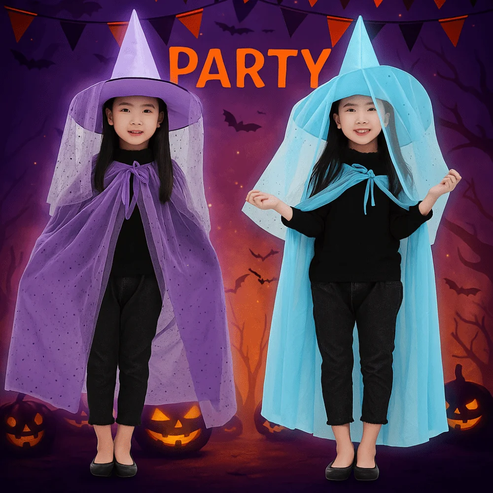 

Creative Double Layer Halloween Cloak with Hat Robe Mesh Halloween Children Costume Cosplay Star Cape Hat Set Performance