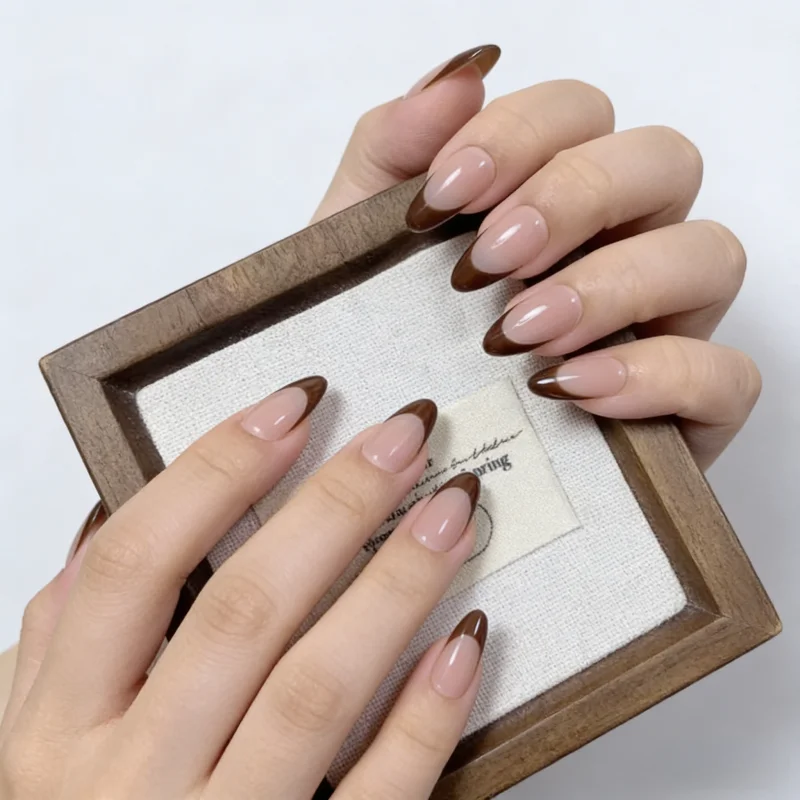 

30Pcs False Nail Simple Red-Brown French Style Sweet Everyday Almond Shape Press-On Nails—Perfect As A Gift for Girl and Friend