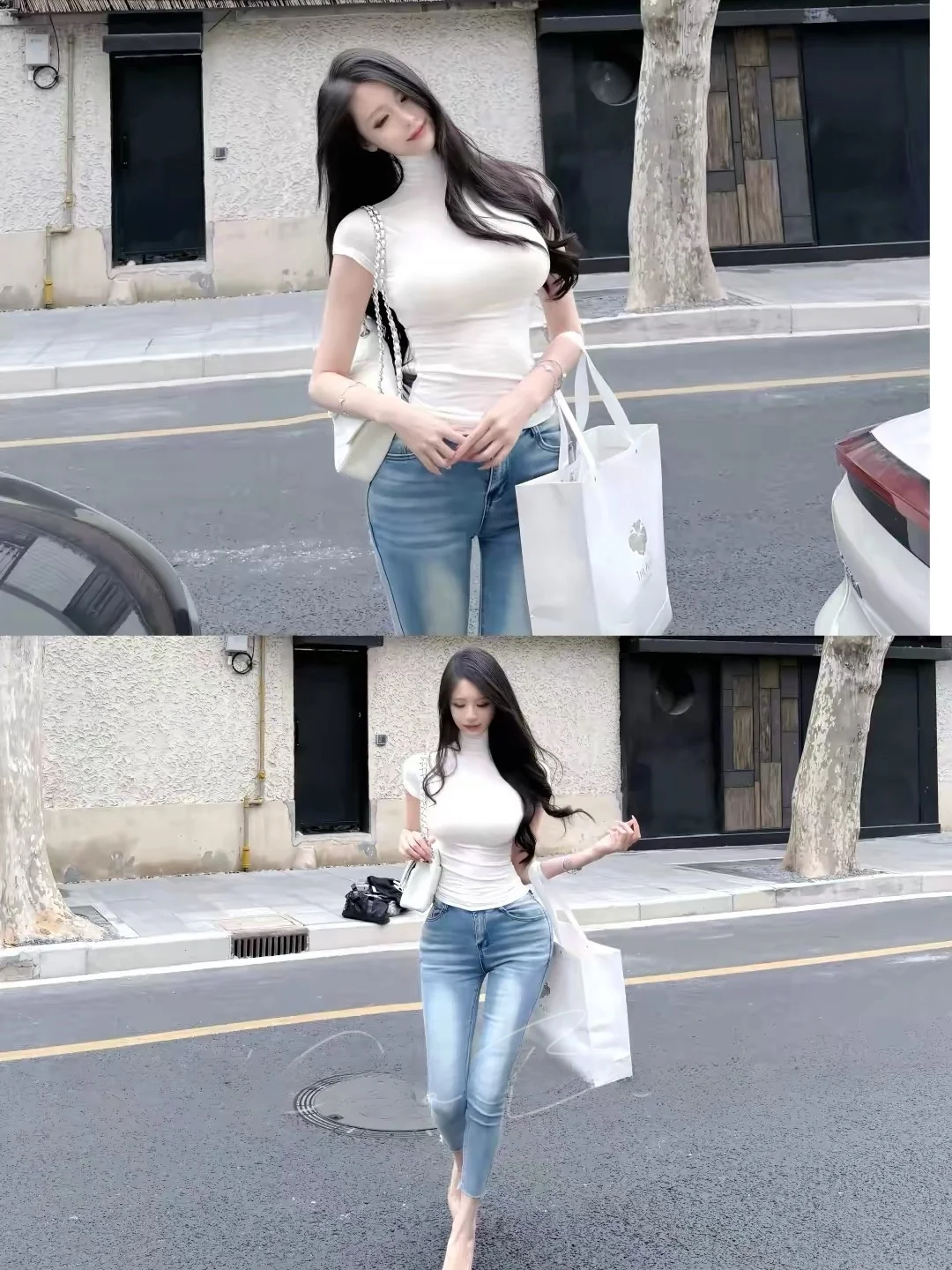 

Retro High Waist Flared Jeans Women's Slim Fit Stretchy Washed Blue Denim Nine Points Pencil Pants Spring Cotton Elastic