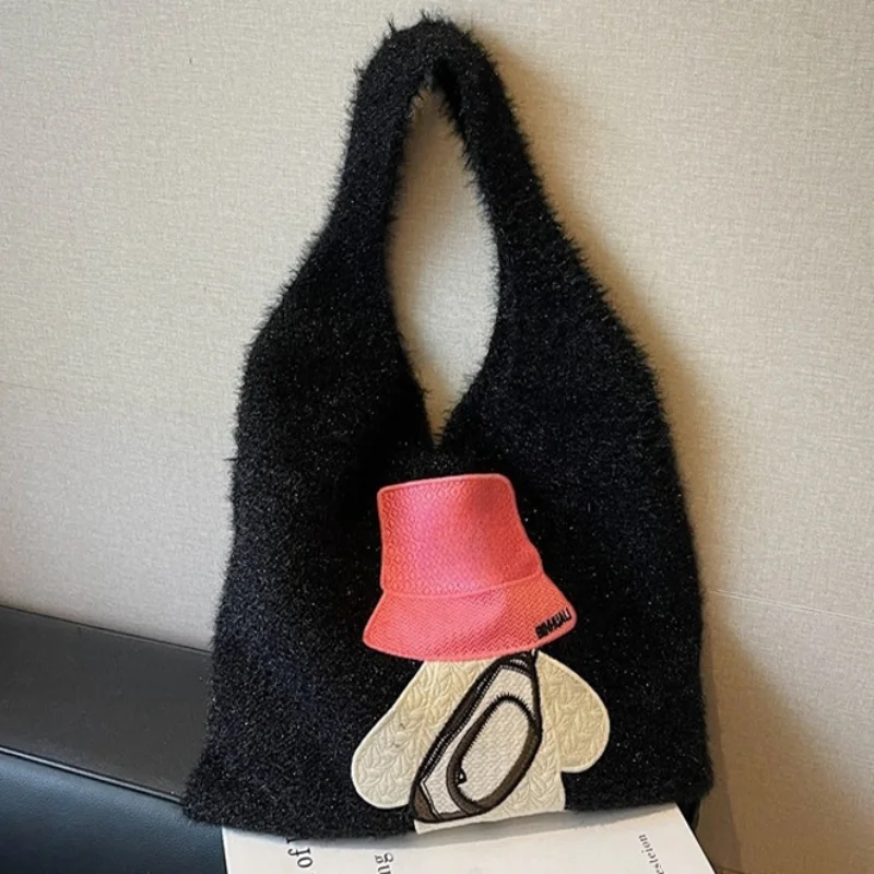 

Вязаная большая сумка в дизайнерском стиле, мягкая портативная универсальная сумка для покупок с милым цветным принтом, женская тканая сумка на плечо