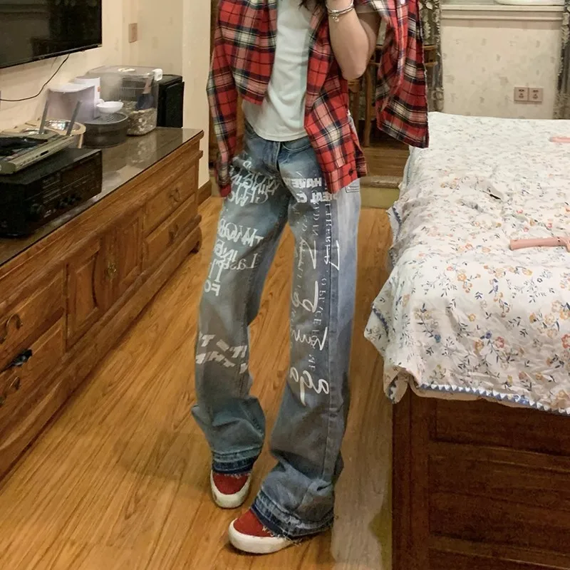 

Джинсы с принтом в американском стиле High Street Vibe, модные брендовые джинсы для мужчин и женщин, весенне-осенние джинсы с прямыми штанинами, повседневная одежда