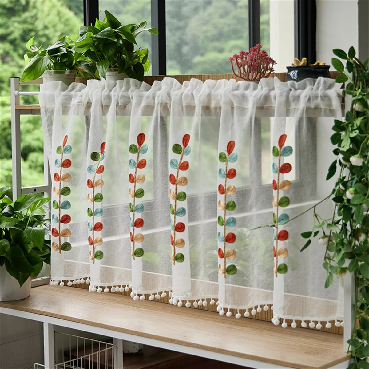 

NEW Embroidered Semi-Transparent Curtains Kitchen Tiered Half Window Sheer Curtain Rod Pocket Tulle Curtains for Kitchen A