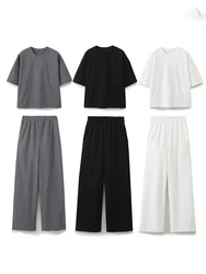 TRAFZA Women's Double-sided Fabric T-shirt 2-piece Set Solid Color Round Neck Top + Elastic Waist Women's Side Pocket Loose Pant