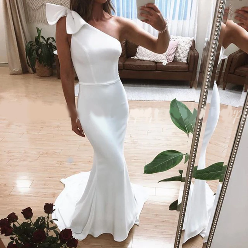 

ANGELSBRIDEP 2 STORE One-Shoulder Satin Mermaid Wedding Dresses Vestido Simple Design Court Train Formal Bride Dress With Bow