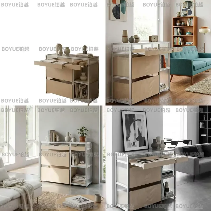 Light Luxury Aluminum Profile Display Shelf Multi Layer Birch Wood Storage Rack Modern Optical Axis Organizer for Home Decor