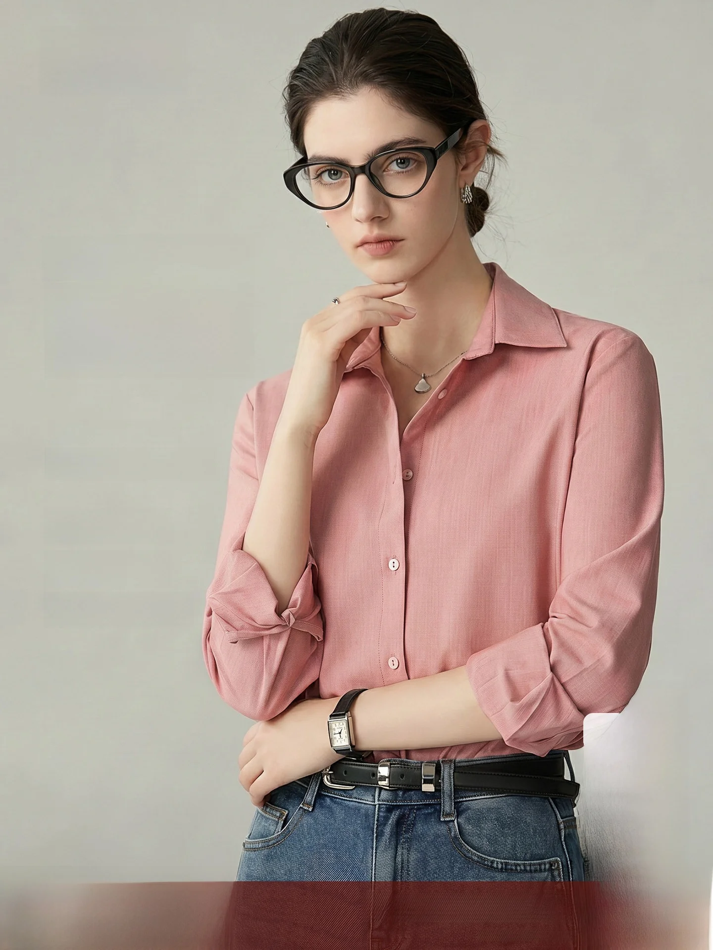Pink Long Sleeve Women's Shirt Design Sensation Small Audience Draping Commute Top Cleanfit Style Polyester Blend Breathable