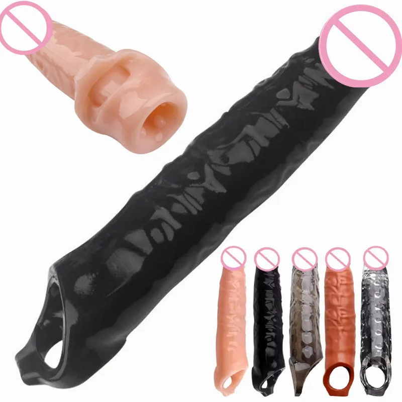 Male NEW 28CM Huge Penis Enlargemen Extender Condoms Realistic Penis Extension Sleeve Reusable Condom Cock Ring Sex Toys For Men