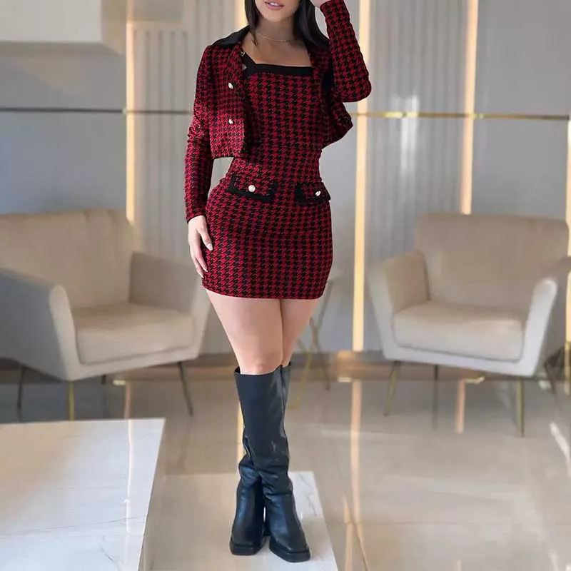 Spring Autumn Women Dress Sets Fashion Tight Slip Dress & Jacket Houndstooth Suit Casual Office Lady Button Skirts Two-piece Set