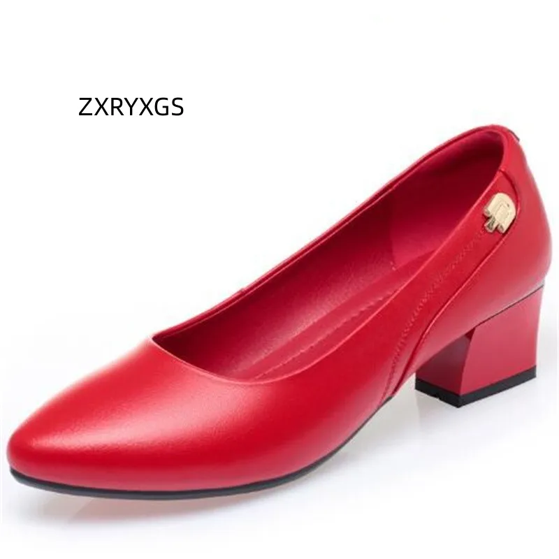 

ZXRYXGS Elegant Comfort Sweet Genuine Leather Shoes Woman New Mid Heels 2023 Plus Size Autumn Work Banquet Wedding Shoes 4 Color