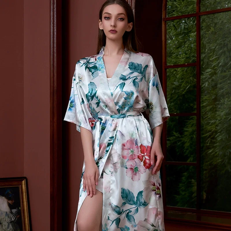 

Floral Print Nightdress Satin Robe Gown Long Sexy Home Dressing Gown Summer Autumn New Sleepwear V-Neck Lingerie Nightgown