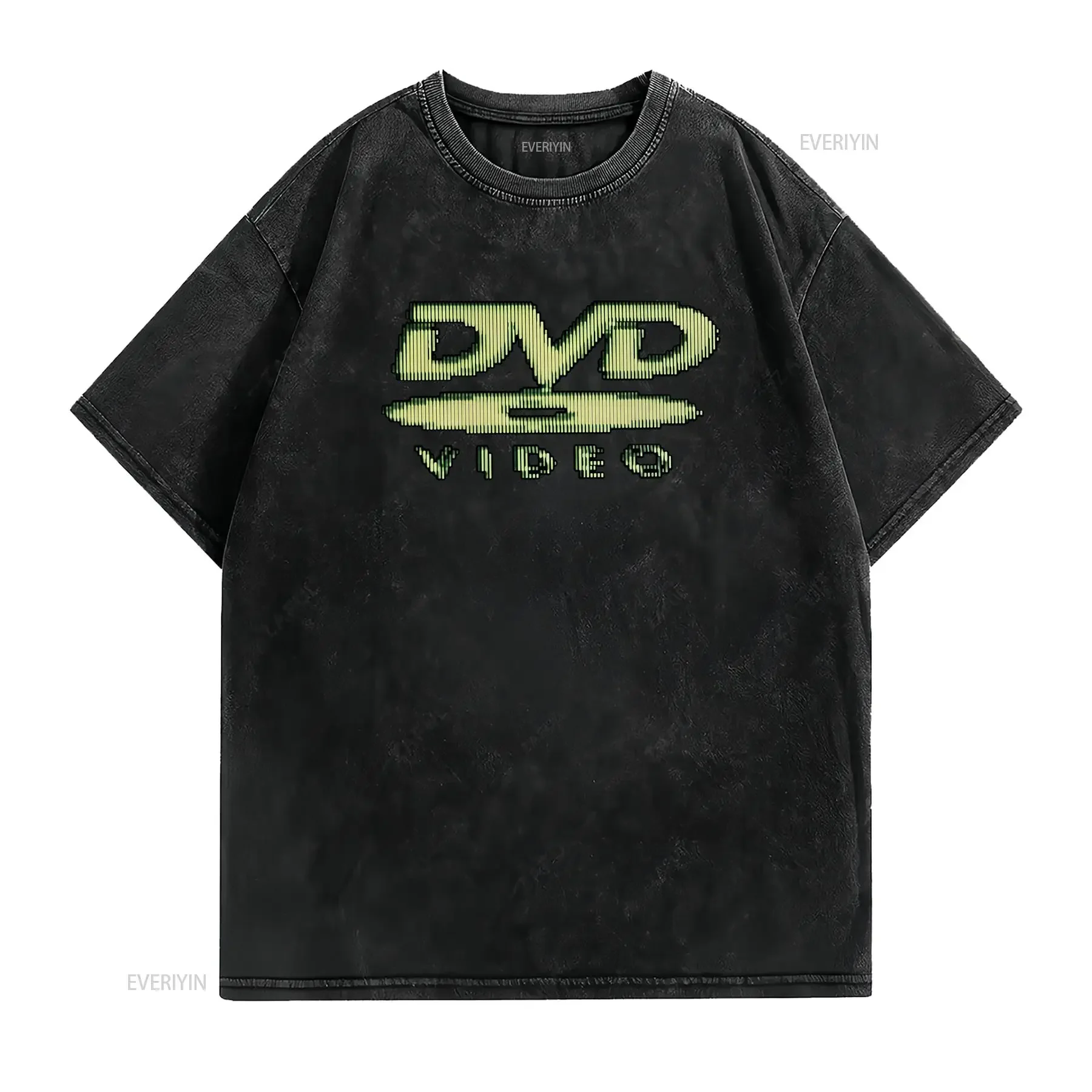 Camiseta vintage para hombre con diseño de DVD y video en negro cuello redondo casual un vibrante glitch verde amarillo ideal