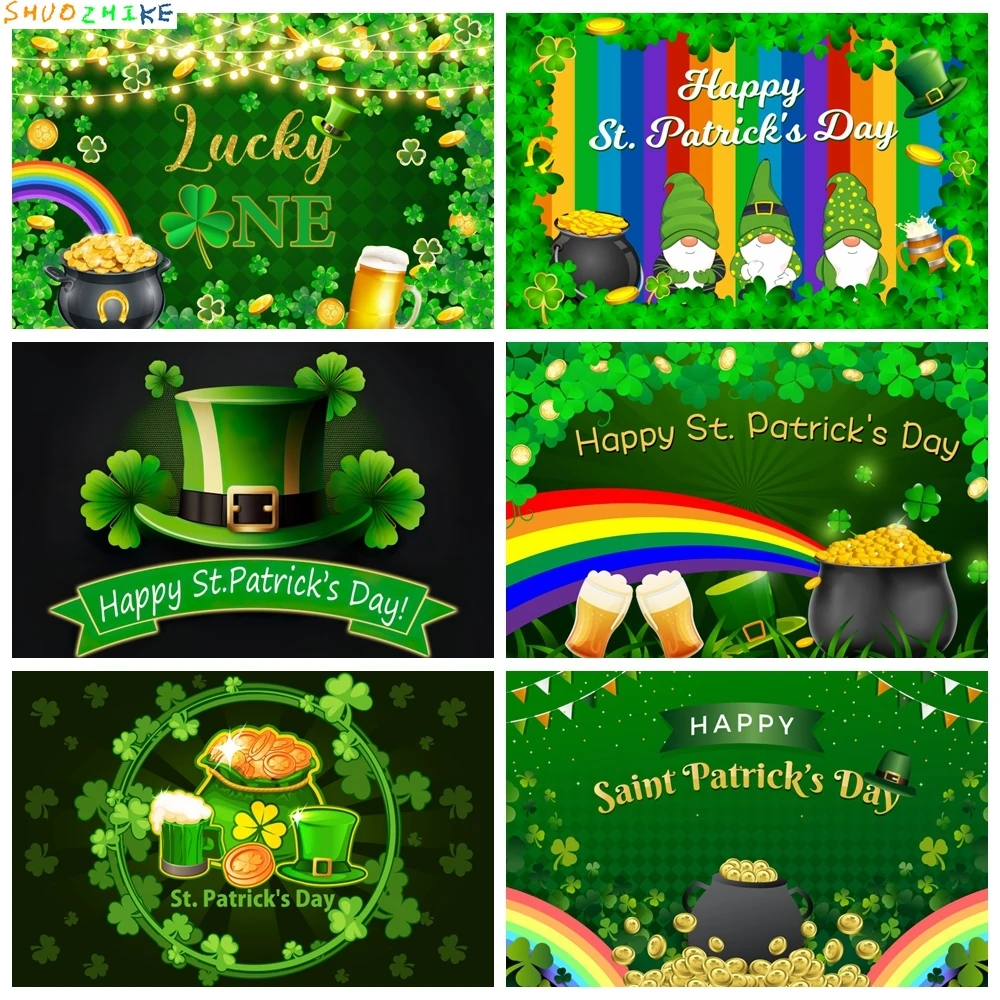 Tło fotograficzne na Dzień Świętego Patryka Szczęście Zielone Liście Złoto Dziecko Urodziny Dekoracja Baner Rekwizyt do Studia Fotograficznego