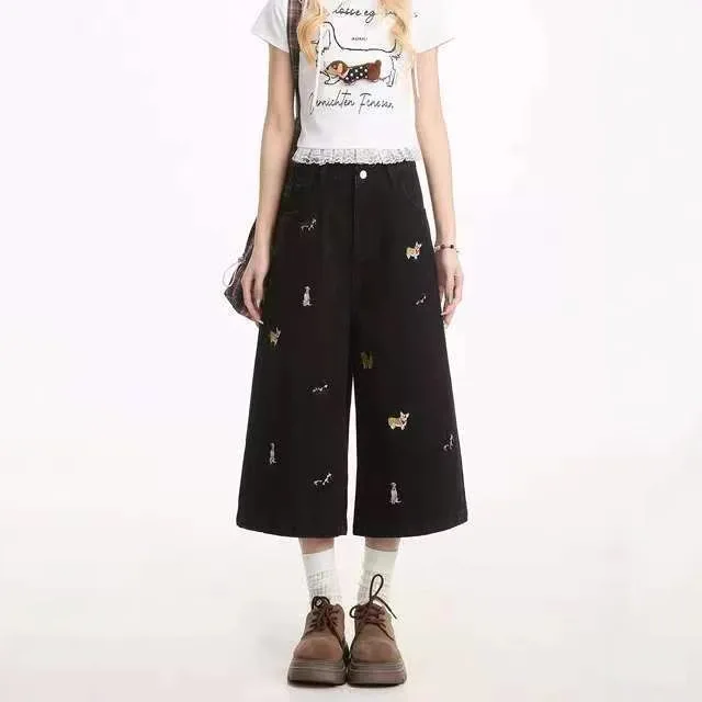

Black Fun Puppy Embroidered Denim Cropped Pants Design Sense High Waist Loose Straight Short Pants 2025 Autumn And Winter New Cl
