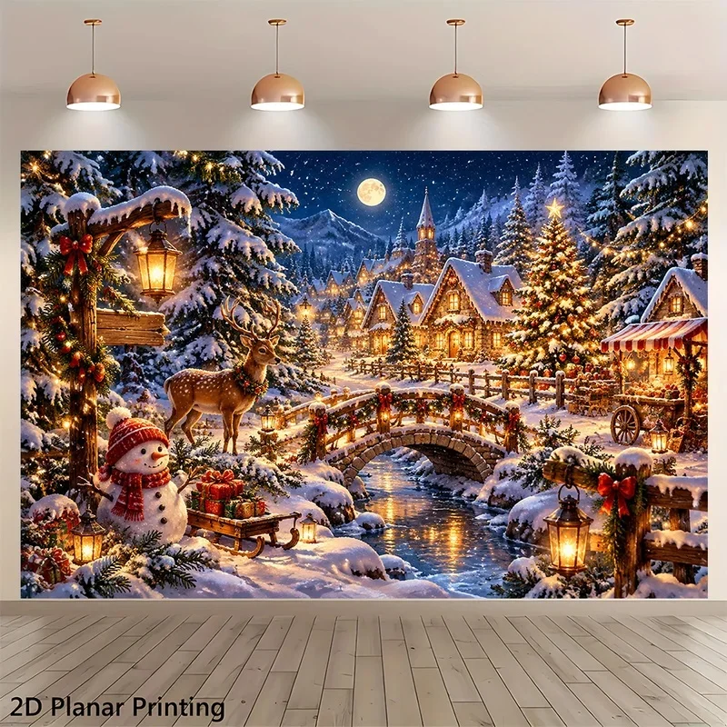 VIKAMA Merry Christmas Tapestry Winter Snowy Town Snowman Deer Bridge Warm Lights Wall Hanging Cloth for Home Wall Photo Decor