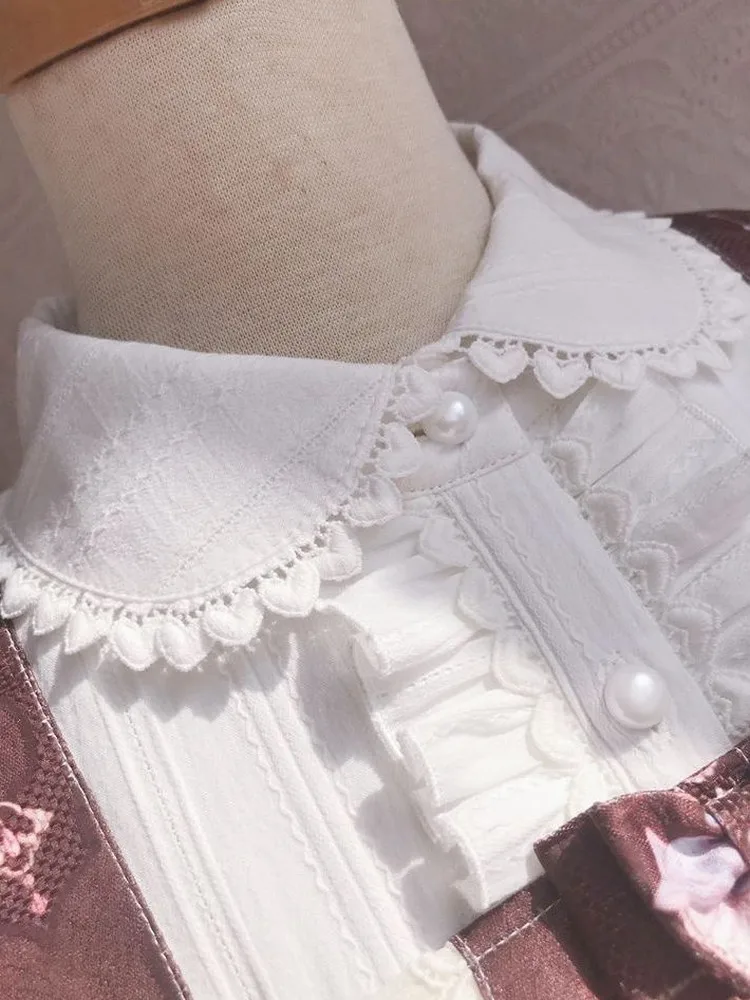 Bluzka z falbankami w stylu kawaii light lolita, z koronką, długim rękawem, w japońskim stylu dobby, uniwersalna, wiosenna, słodka, biała bluzka, koszula, top.
