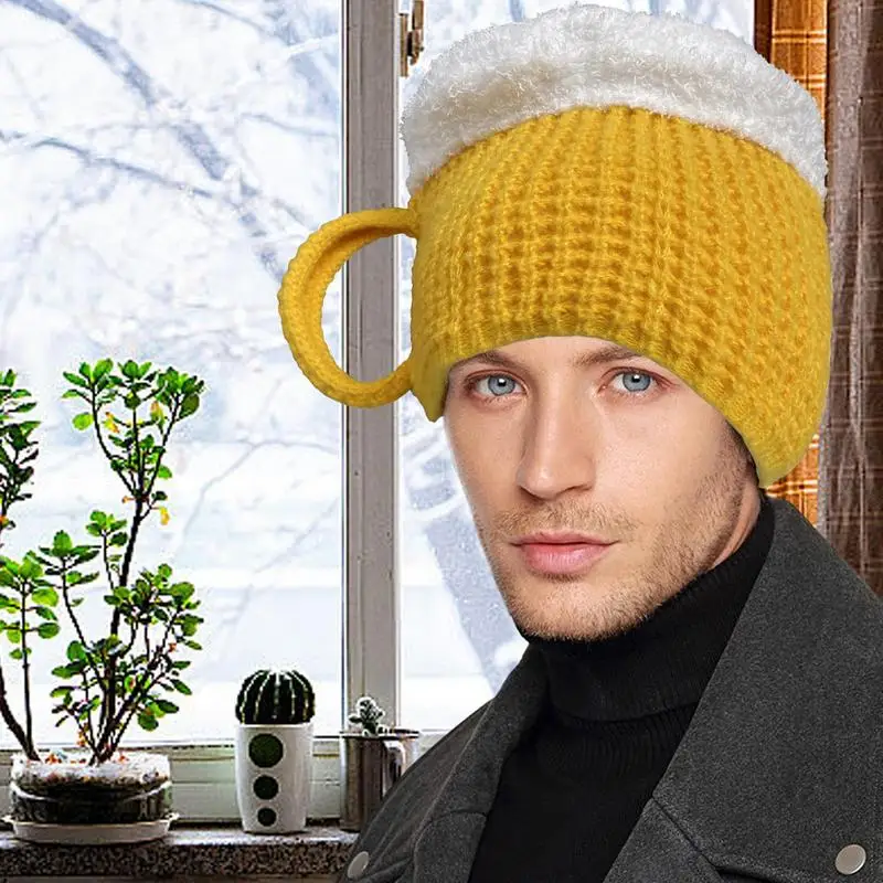 Novelty Funny creative cute cartoon newly designed Hot sale 3D beer cup hat winter warm men\'s and women\'s knitted woolen hat