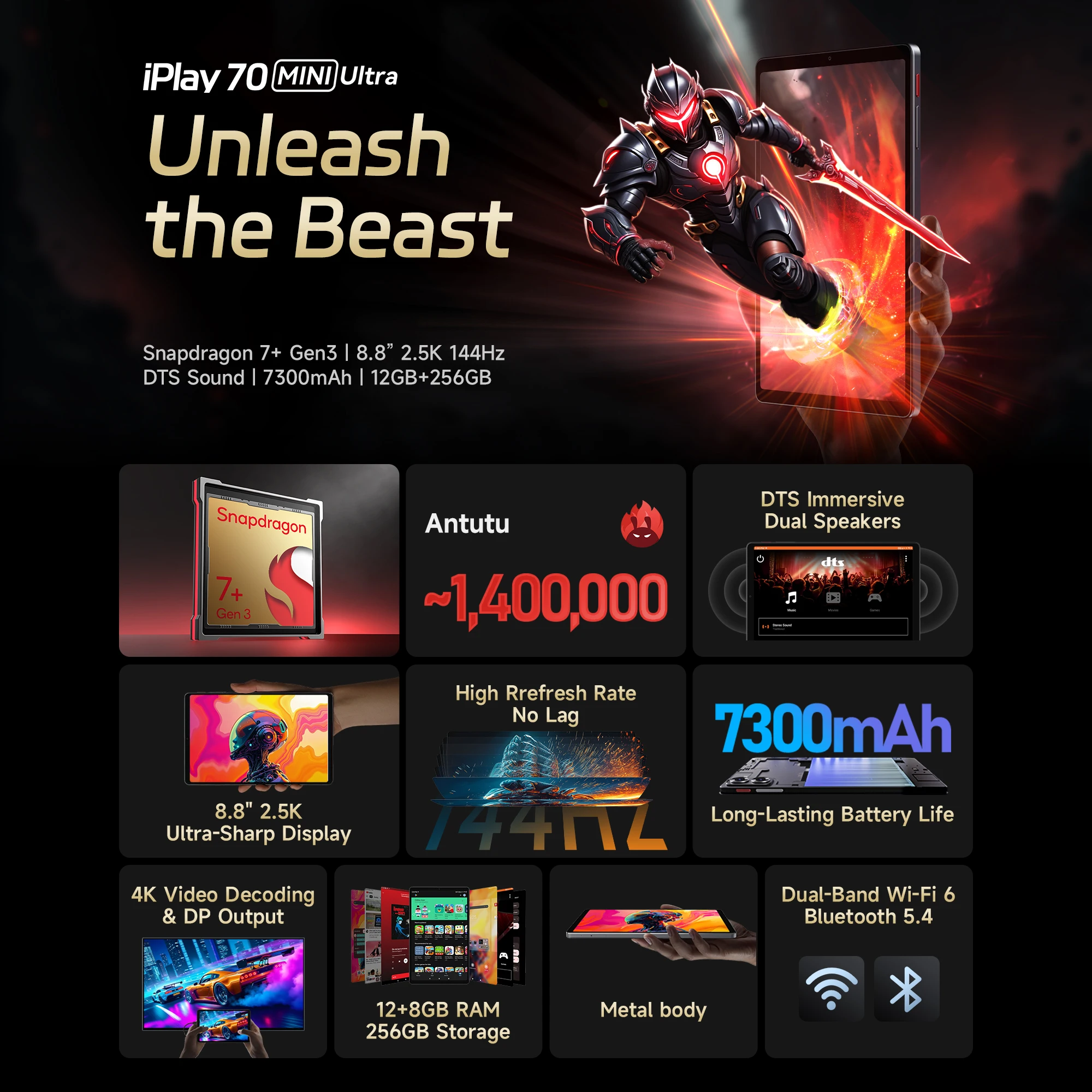 ALLDOCUBE iPlay 70 mini Ultra Tablet de 8.8 pulgadas con pantalla 2.5K a 144Hz, Snapdragon 7+Gen3, 20GB de RAM, 256GB de ROM, 7300mAh, Android 14 3