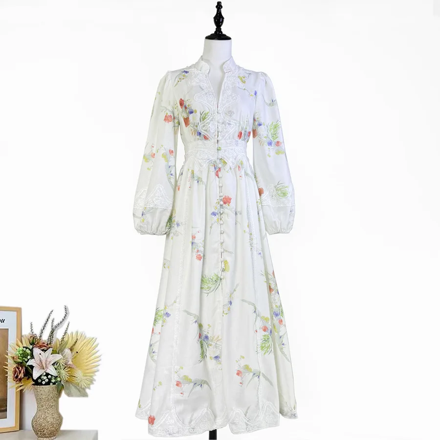 

Women's dress print heavy industry embroidery linen V-neck single breasted
