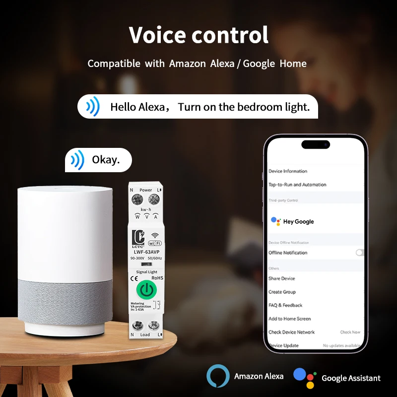 Tuya WiFi Smart Circuit Breaker 1-63A Adjustable Power Energy kWh Voltage Current Meter Protector Voice Remote Control Switch