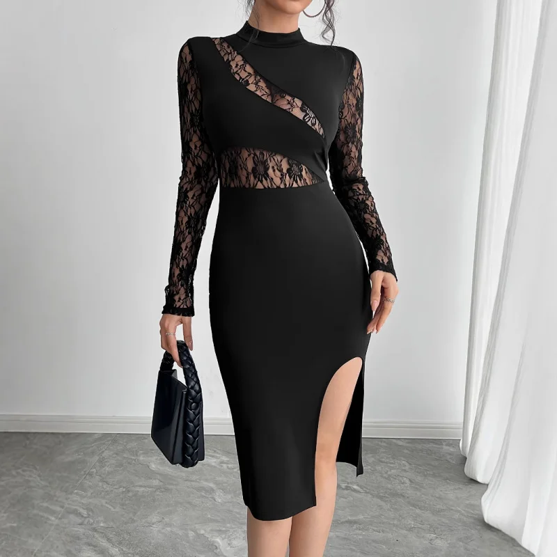 Sukienka damska na jesień 2025, dopasowana, seksowna, z kontrastową koronką i rozcięciem, w jednolitym kolorze.