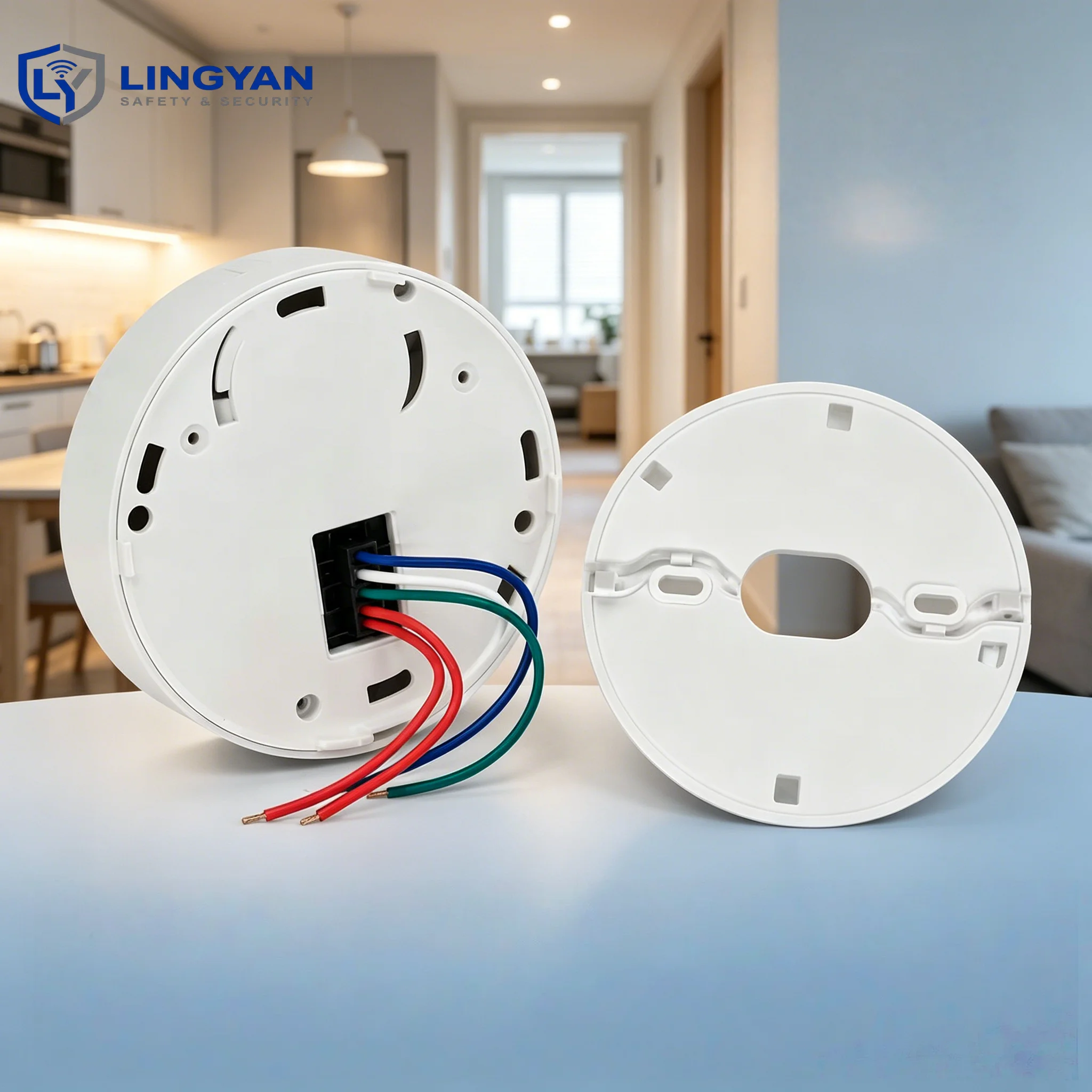 Fire Smoke Sensor, 220V AC powered, wired design with relay terminal, ceiling mounted for indoor fire protection