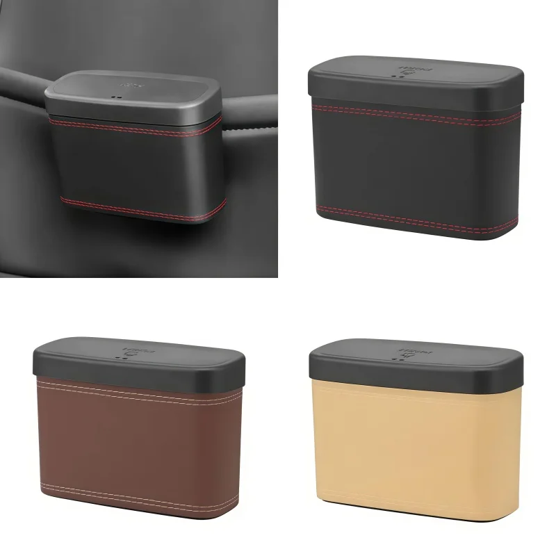 Multi-functional Car Press-down Storage Box PU Leather Vehicle Trash Can, Seat Back and Door Hanging Storage Box, Press-down view 5