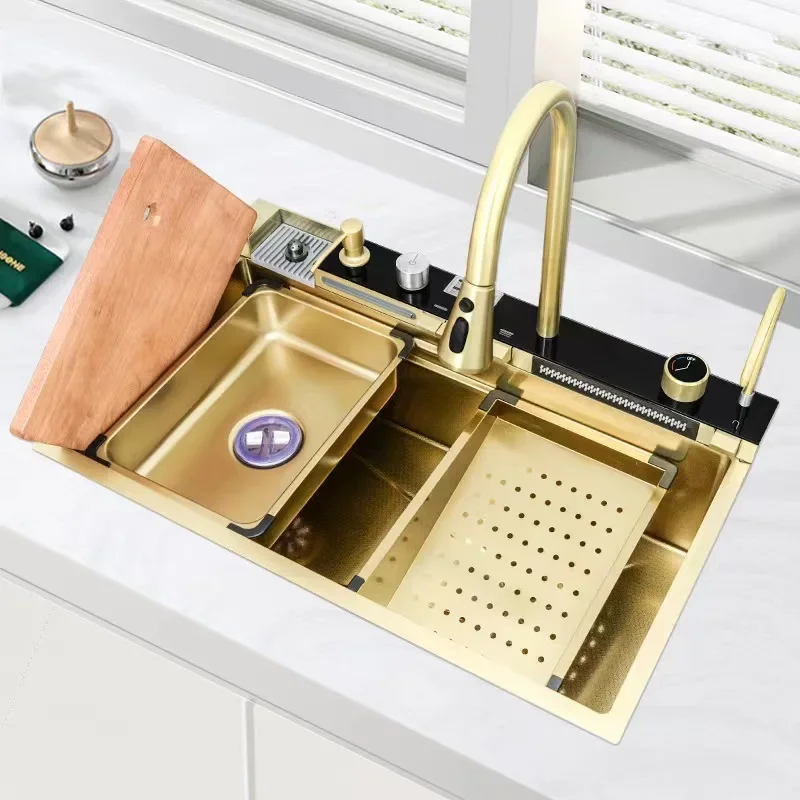 Multi-size gold kitchen sink set stainless steel sink digital dish basin ambient light kitchen large single sink