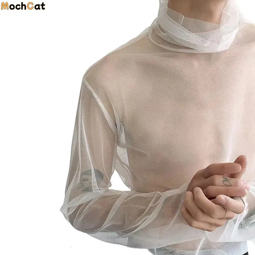 

Creative See-through Transparent T-shirt Streetwear High Collar Long Sleeve T-shirt Solid Color Undershirt Mesh Top Men Home